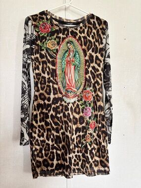 Ed Hardy  | Leopard Print Virgin Mary Long Sleeve Tunic | Size Large